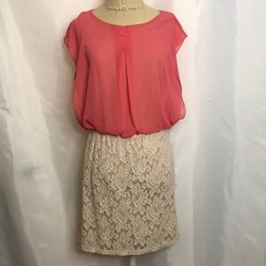 Speechless Woman’s Coral/Beige Lace Chiffon Top Lined Mini Dress Size L